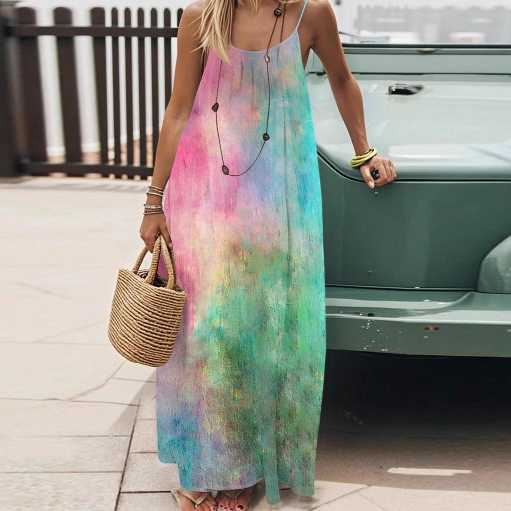 Dámské Módní Ležérní Volné Šaty s Květinovým Potiskem a Úzkými Ramínky Bez Zad