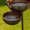 Frost Resistant Garden Stake Metal Bird Bath Rustic Vintage Rain Catcher with 3-Tiered Balcony And Feeder Bowls Outdoor Bee Watering Station