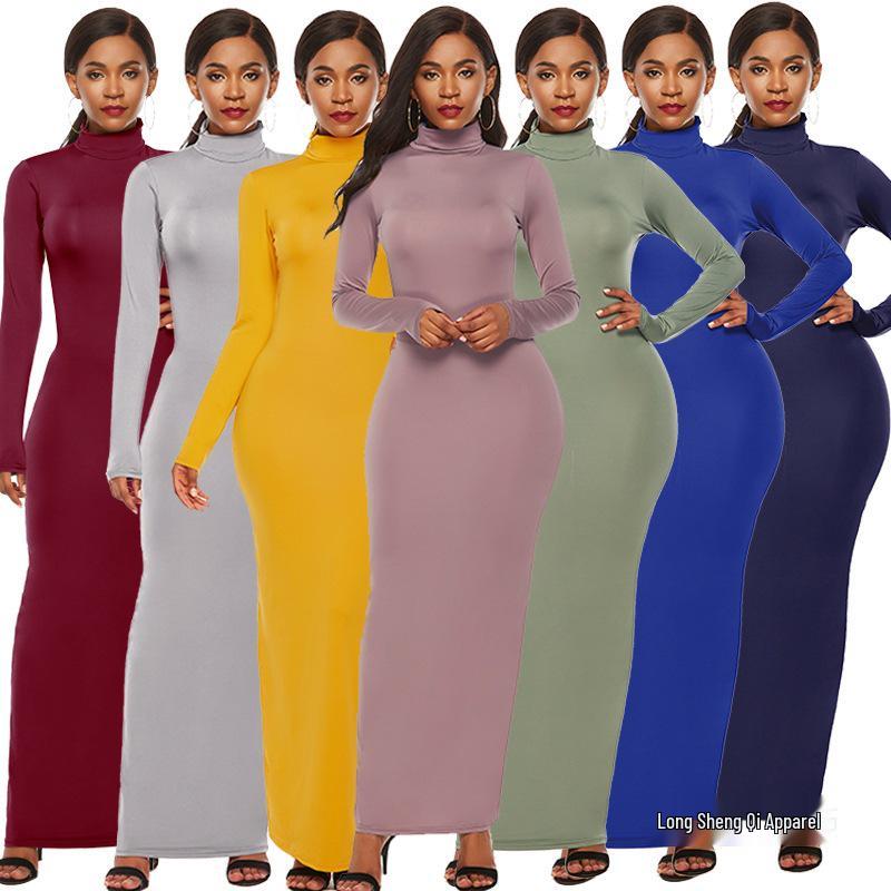Elastic High-Neck Long-Sleeve Maxi Dress