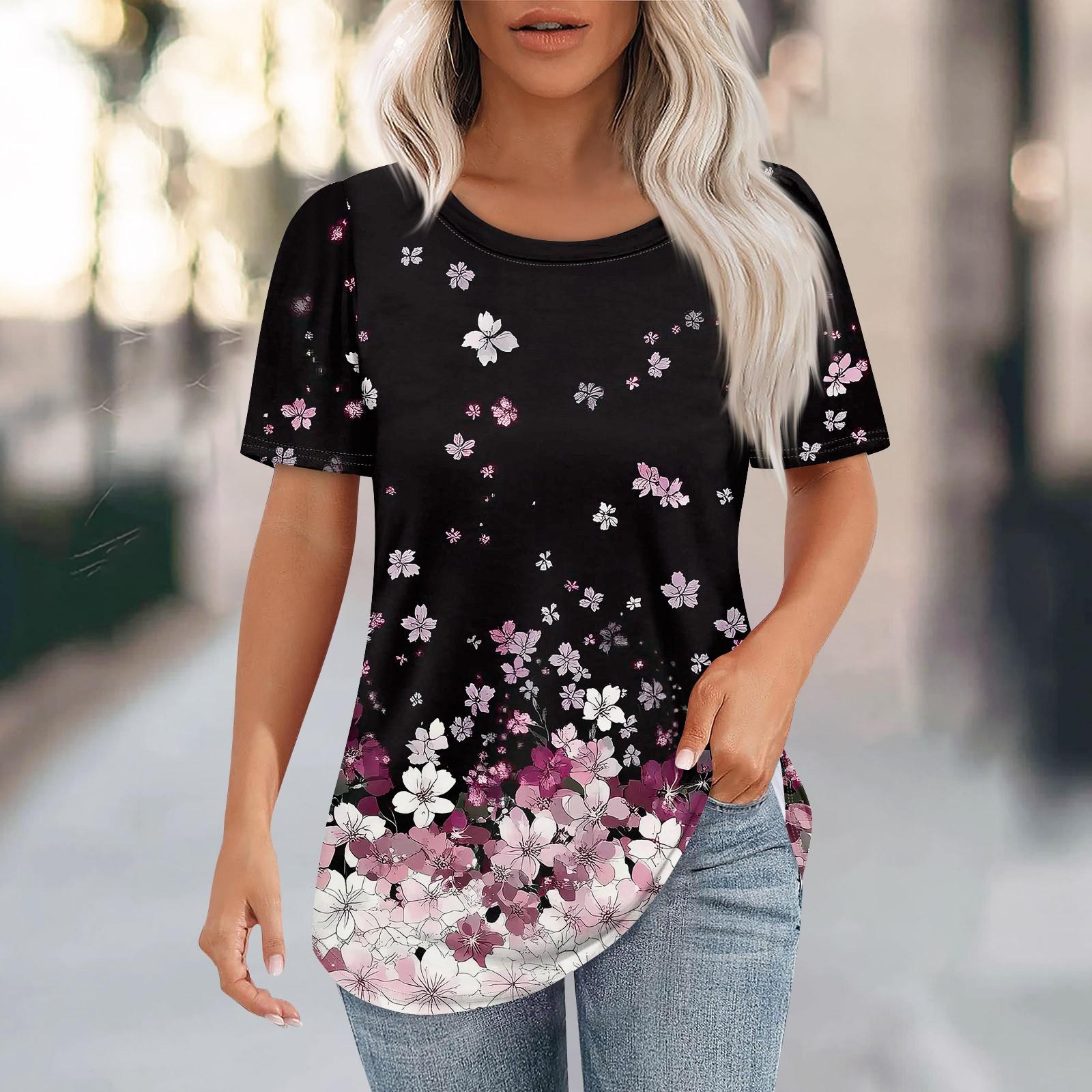 T Shirts For Women Pleated Round Neck Dressy Casual Blouses Printing Short Sleeve Summer Tops Loose Fit L