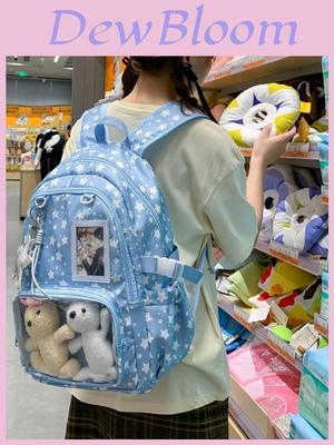 Star Pattern Nylon School Backpack With Padded Straps For Students