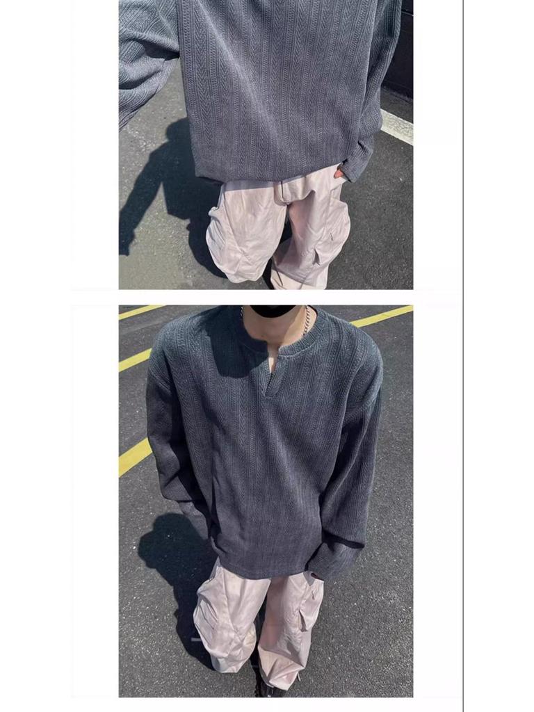 Men's American Trendy V-Neck Jacquard Sweatshirt: Loose Fit, Long-Sleeve, Casual High Street Style T-Shirt for Autumn.