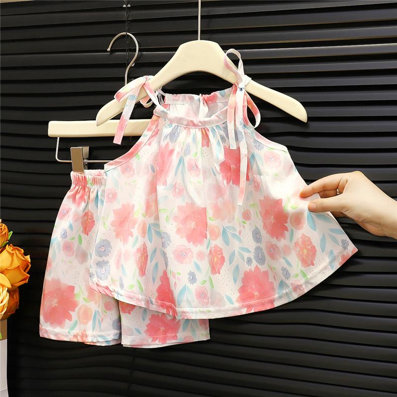 Baby Girls Summer Outfit 2-Piece Set Sleeveless Tie Strap Cami Top + Shorts Cool Comfortable Printed Toddler Clothes
