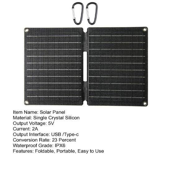 10W 5V Solar Panel Portable Phone Charger IPX6 Waterproof Foldable Design Type-C/USB Single Crystal Silicon Solar Panel Charger
