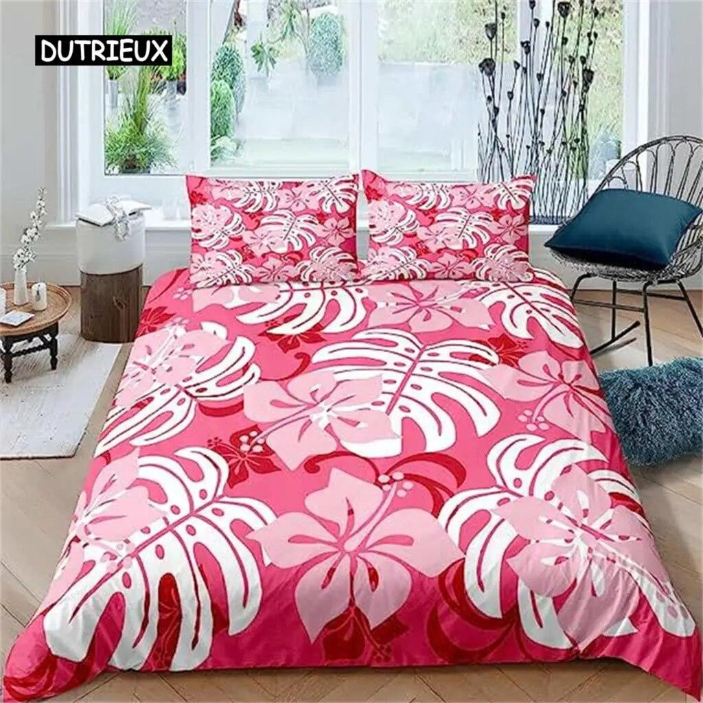 Palm Leaves Duvet Cover Banana Leaves Duvet Cover Hawaiian Tropical Leaves Bedding Set Green Leaves Branches Quilt Cover Women  Three-piece Set
