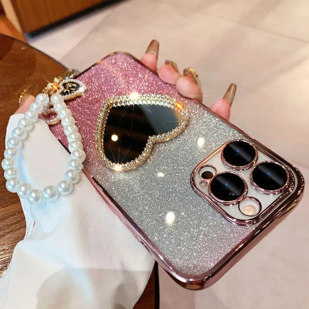 Πολυτελής Θήκη Τηλεφώνου με Καθρέφτη Αγάπης με Διαμάντια Για Xiaomi Redmi Note 14 13 Pro Plus 5G 4G 14S 14 13 Pro Κρεμαστό Σχοινί με Μαργαριταρένια Καρδιά