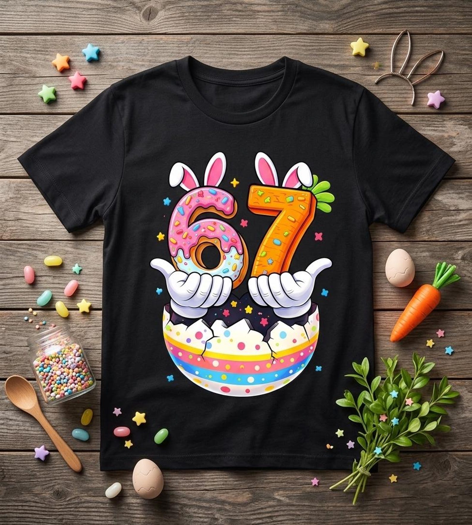 67th Birthday Easter Bunny Shirt, Funny Donut Carrot Eggs Tee L