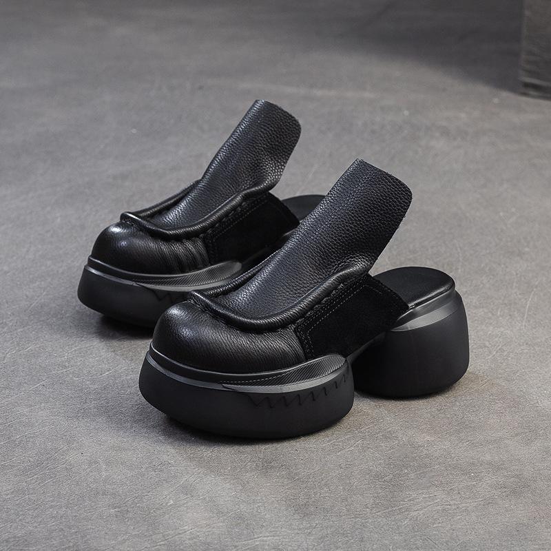 Johnature Roman Style Women's Slip-on Platform Shoes Genuine Leather Retro Round Toe Outdoor Slippers
