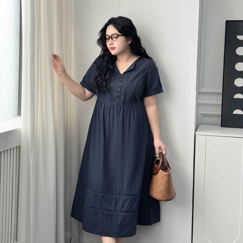 

Plus size women clothing [French style Beautiful Long dress] Temperament Elegant Puff sleeve High Waist Belly Covering Slimming Short sleeve Dress