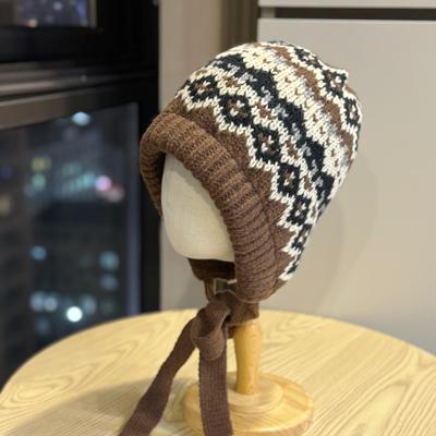 Women's Balaclava Hat for Autumn and Winter, Fair Isle Knitted Wool Hat, Versatile and Warm, Ear-protecting, Suitable for Large Head Sizes