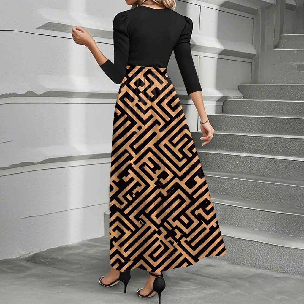 Damenmode Freizeitgürtel Rundhals Florale Stickerei Elegantes Temperament Dreiviertelarm Kleid