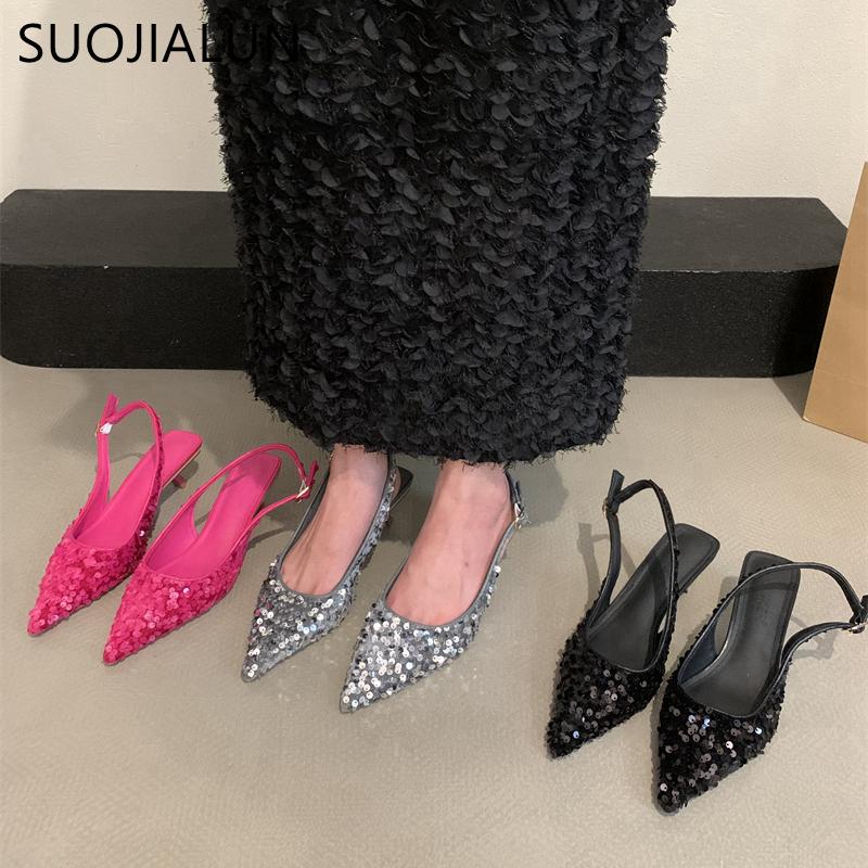 Fashion SUOJIALUN 2025 New Bling Women Sandal Fashion Pointed Toe Shallow Slip On Ladies Elegant Slingback Shoes Med Heel Pumps Shoes
