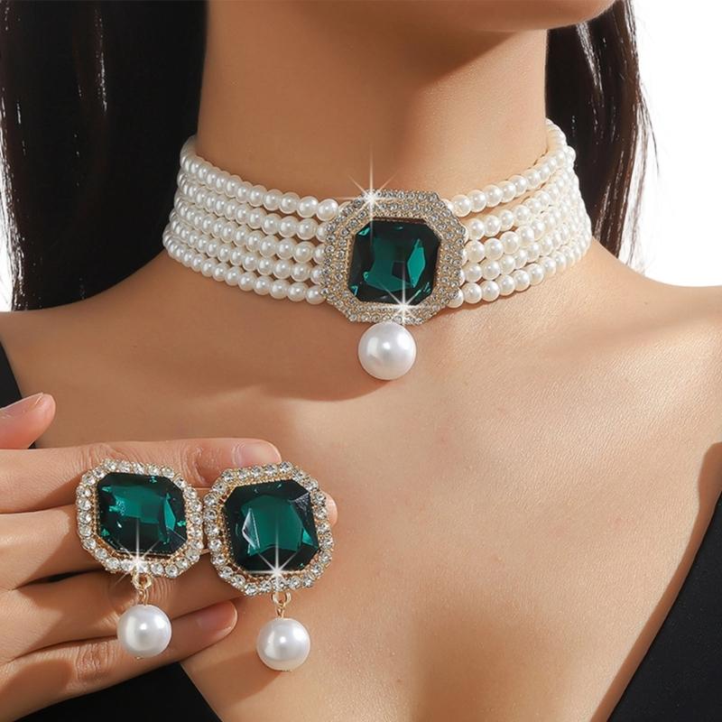 Pack Of 1 Set Elegant Multilayer Faux Pearls And Geometric Crystal Necklace and Earrings Set For Women Lady