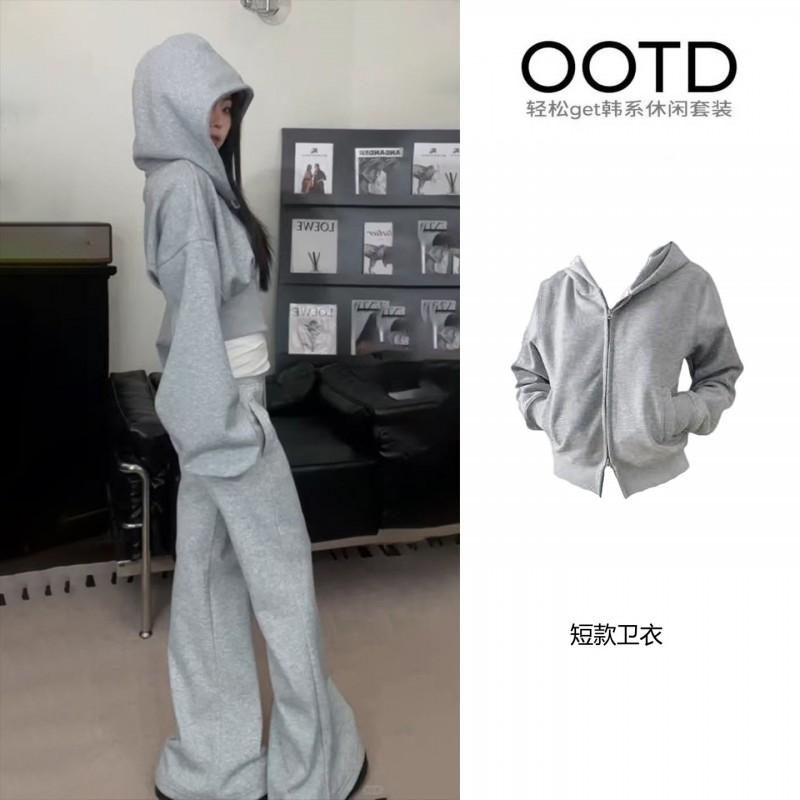 Womens 2-Piece Casual Set Fall 2026 Korean Style Hooded Cropped Sweatshirt Wide Leg Pants Gray Mix