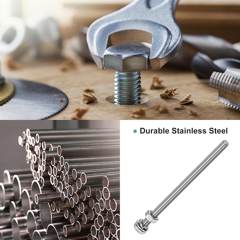 M METERXITY 4-Piece Set Hex Head Screws, Fully Threaded, Durable, Rustproof, Industrial Parts, Machinery, Silver, Hex Bolts M6 x 100mm, Nuts