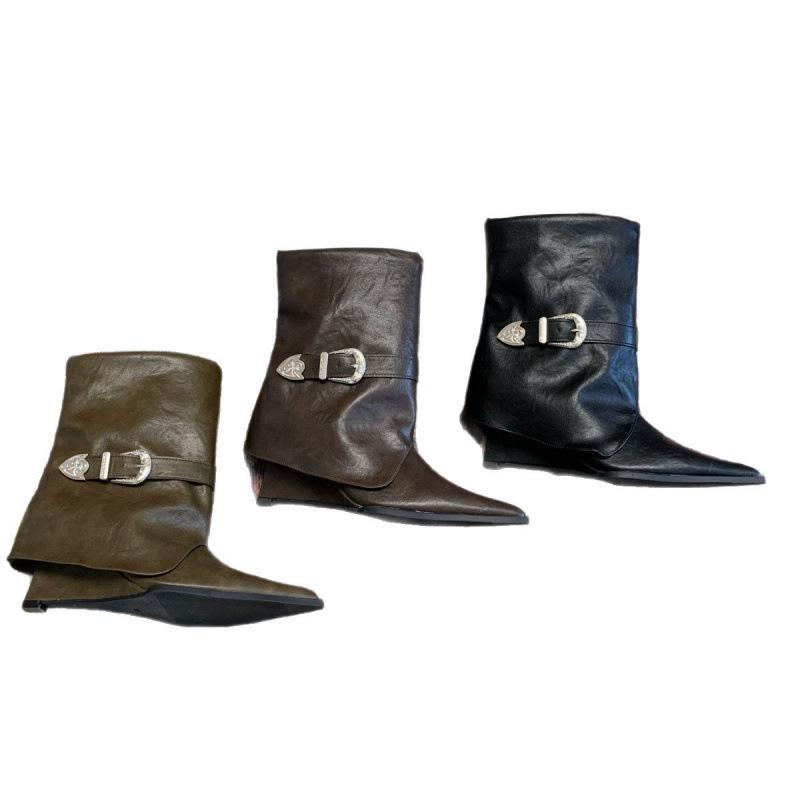 Evropský a americký styl špičaté klínové podpatky s přezkou na opasku kozačky 2025 nové temperamentní krátké kozačky vysoký podpatek jezdecké kozačky