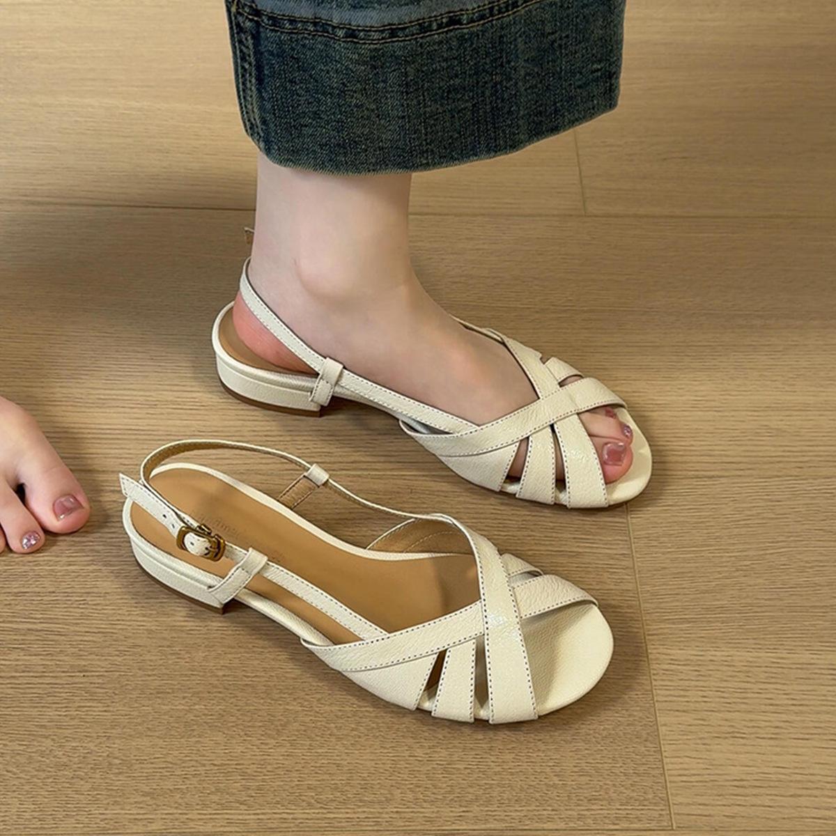 

Sheepskin version~ Round head open-toed sheepskin Roman shoes women s French temperament gentle outer wear hollow word with sandals summer 40