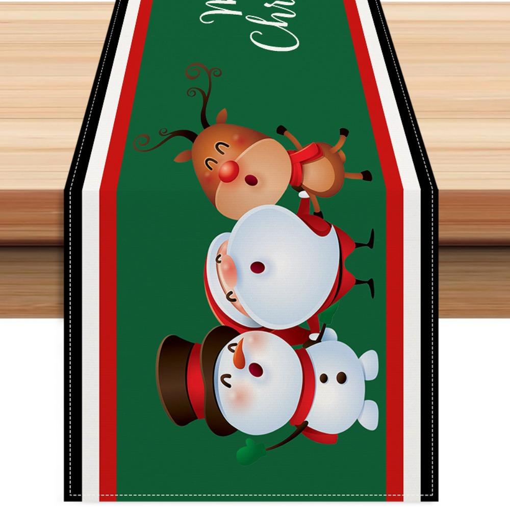 Christmas Red Plaid Table Runner with Gnome Snowman Print for Home Dining Room Decor