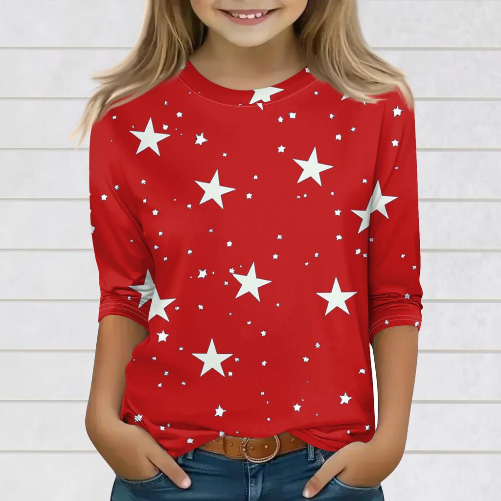 Print Tops For Youth Girls 3-10 Years Round Neck 3/4 Sleeves T-Shirts Trendy Tops Outfit Tees