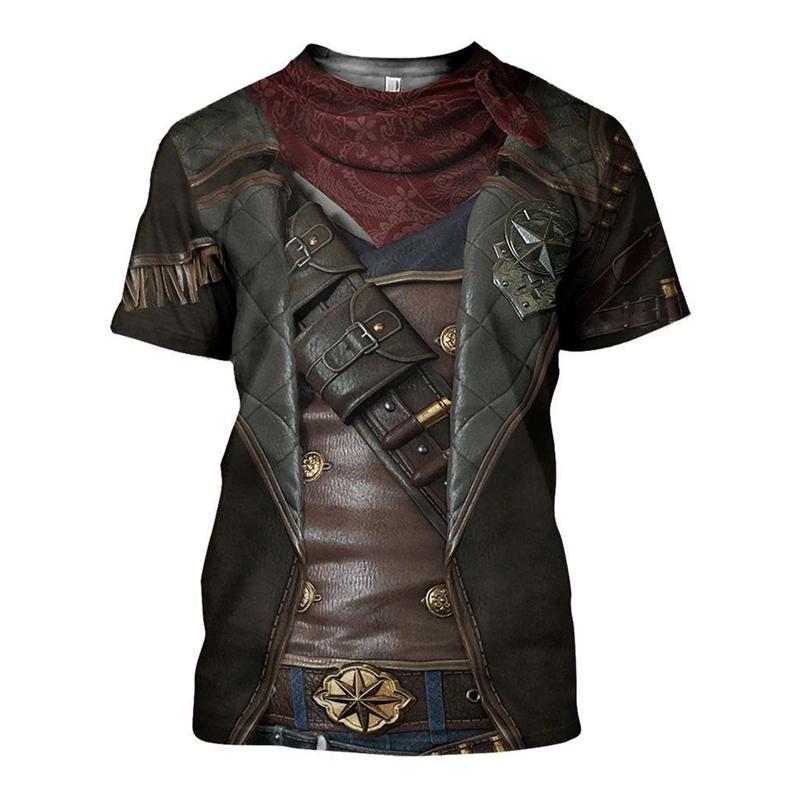 Lustiges Cowboy Cosplay T-Shirt Herren Persönlichkeit Street Kurzarm T-Shirts 3D Gedrucktes Fake Revers Muster Harajuku Mode Tee