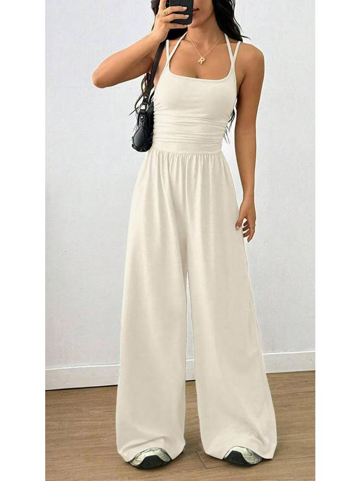 Women's European & American Casual Summer Spaghetti Strap Bandeau Jumpsuit - Solid Color, Wide Leg, Loose Fit