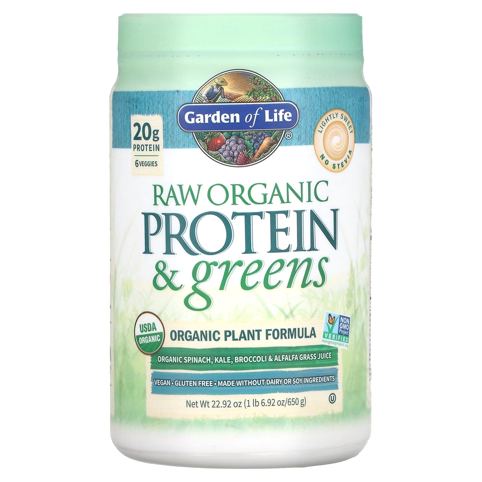 

Garden of Life, RAW Protein & Vegetables, Органічна формула на рослинній основі, Напівсолодкий, 22,92 унції (650 г)
