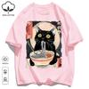Cat Likes To Eat Noodles And Daydream Design Unisex Retro T-Shirt Casual Cotton Sportwear Loose Hip Hop Clothing Unisex O-Neck Tee