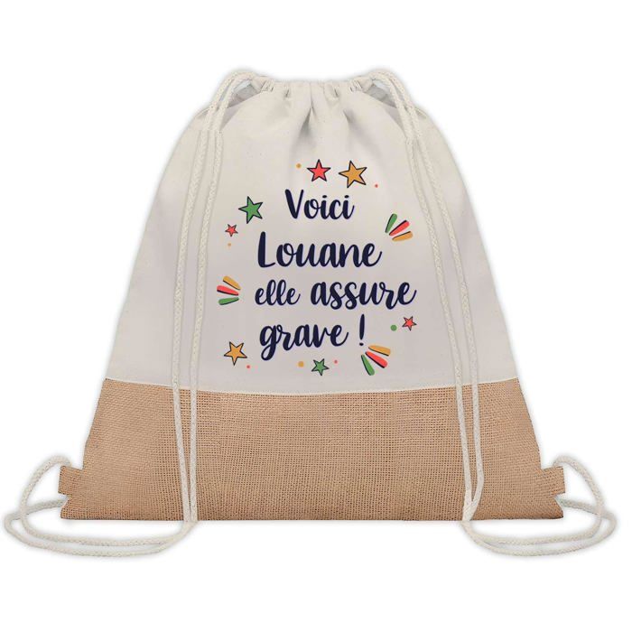 Sac cabas - PLANETEE - toile et jute Louane « elle assure grave ! » - Jute naturel - Grande contenance - Anses solides