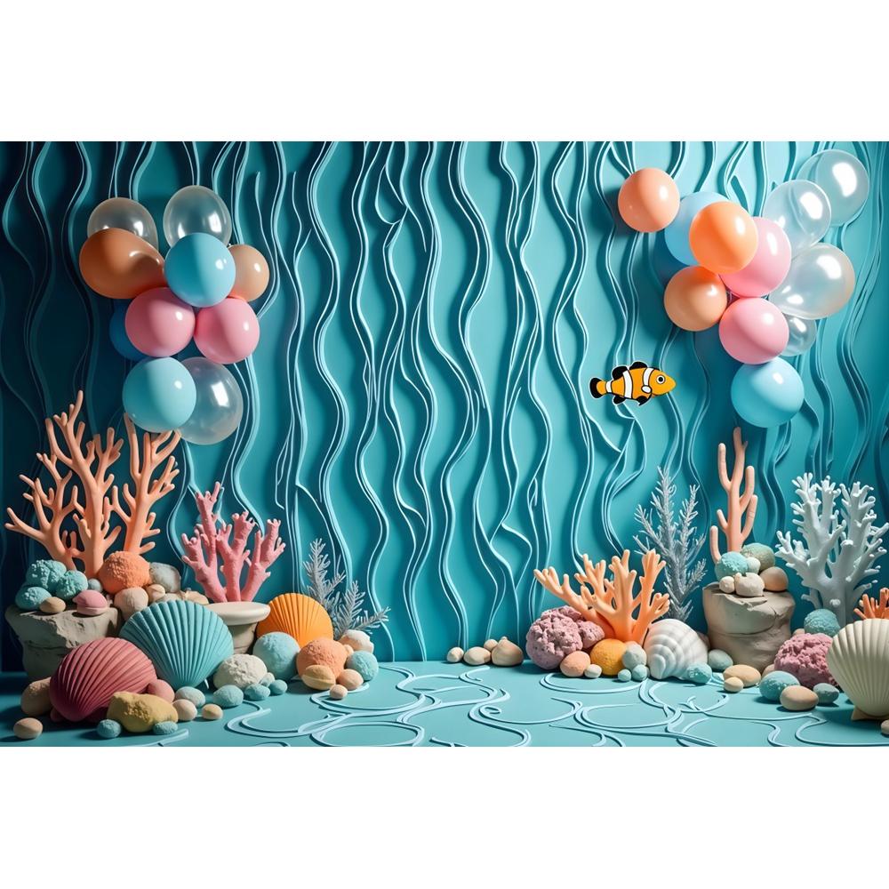 Blue Underwater World Photography Background Ocean Undersea Coral Castle Shells Kid Birthday Party Decor Portrait Photo Backdrop