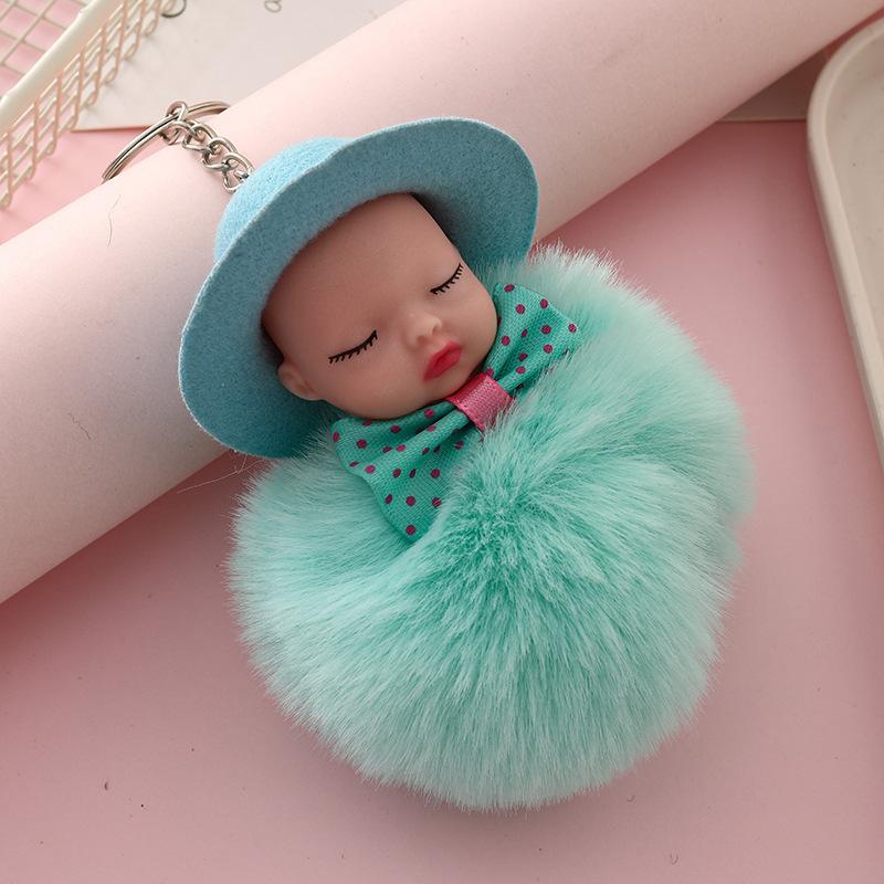 Sleeping Doll Keychain with Hat & Bow, Plush Fur Ball Ornament