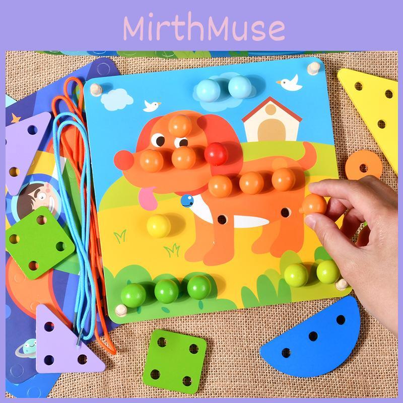 Educational Kids Wooden Threading Board With Mushroom Nail For Development Brain