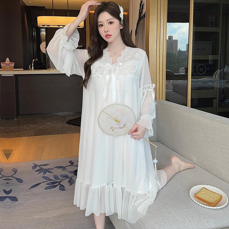 

Ling Lei Chunqiu Solid Color V-Neck Lace Bow Mesh Court Princess Style Medium Long Pajamas Pajamas Homewear 2XL