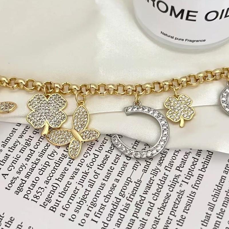 18k Gold Plated Diamond Butterfly Clover Pendant Bracelet