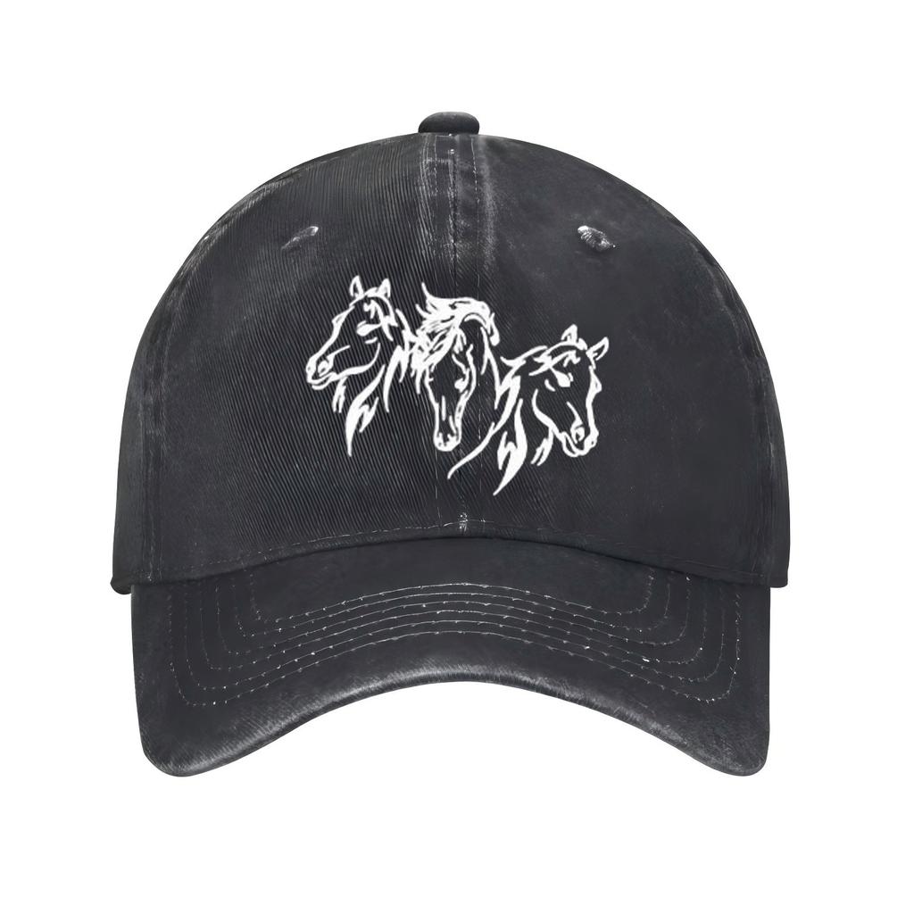 Three Horse Heads Graphic Baseball Cap Unisex Distressed Cotton Adjustable Casual Hat
