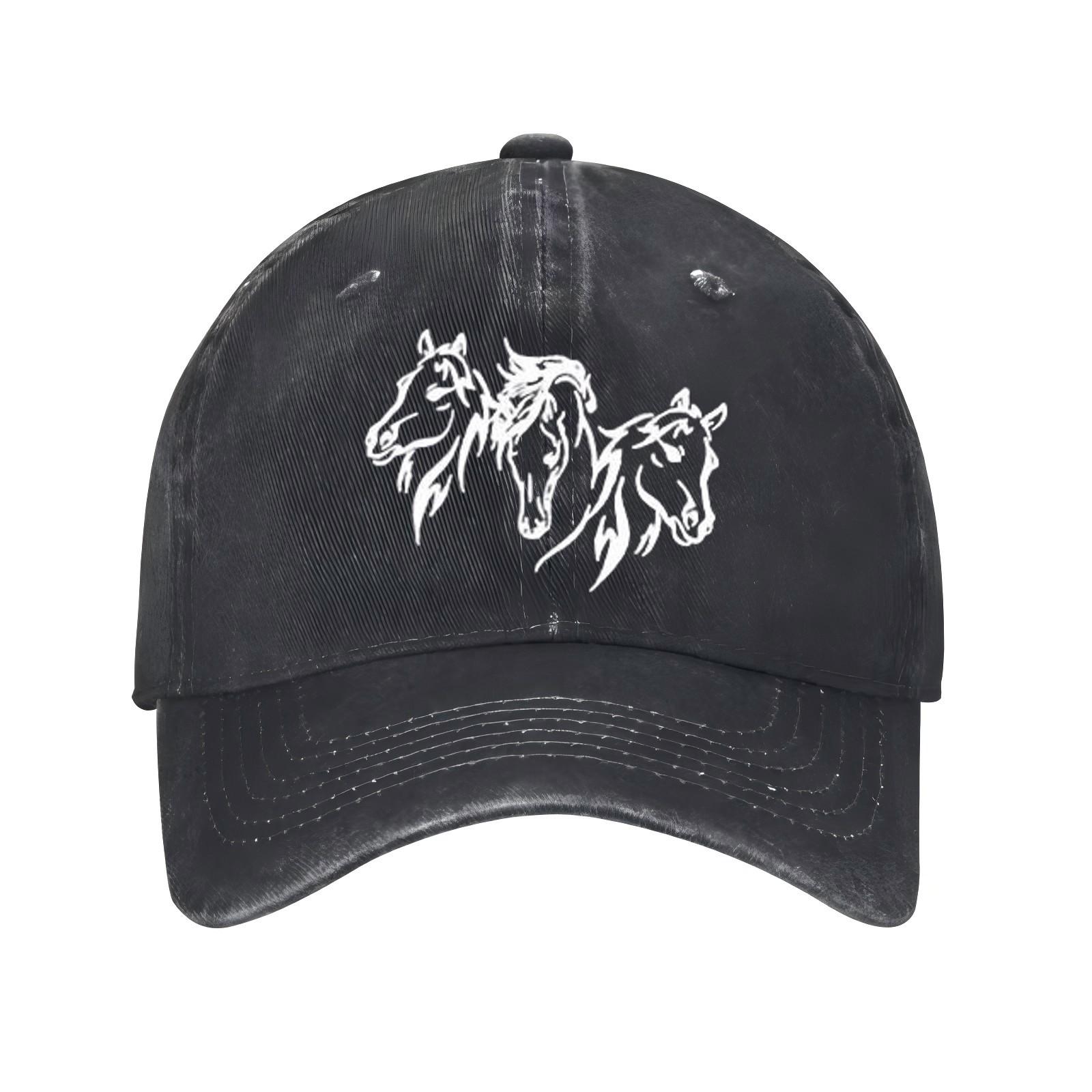 

Three Horse Heads Graphic Baseball Cap Unisex Distressed Cotton Adjustable Casual Hat One Size
