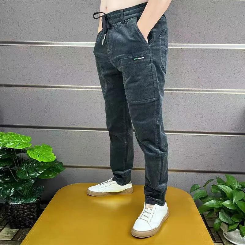 Corduroy Cargo Trousers Men's Simple Loose American Retro Casual Elastic Work Splicing Multiple Pockets Rib Leg Jogging Pants