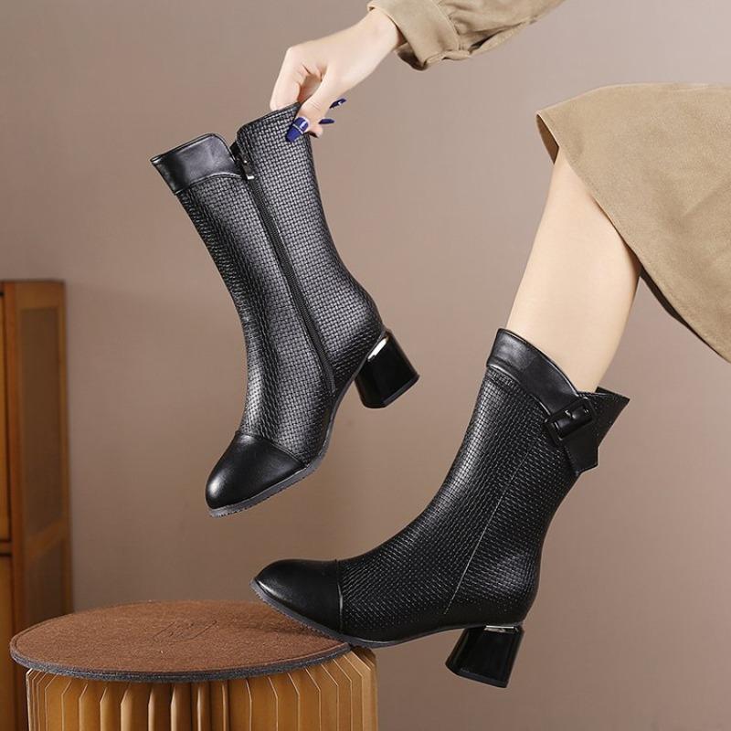 Best-selling Soft Leather Chunk-heeled Ankle Boots, High-heeled Mid-calf Boots, and Versatile Women's Shoes