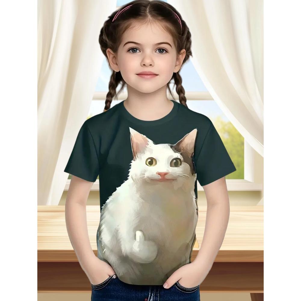 Children's Clothes Funny Cat Pattern 3D Print Summer Short Sleeve Tee Topstrendy Girl Clothes Round Neck Tops T-Shirts for Girls