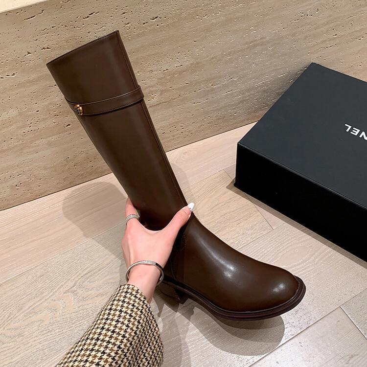 

2025 осень новый корейская версия круглый носок чувство дизайна нишевые золотая пряжка высокие сапоги длинные сапоги женские наколенники рыцарские сапоги 39 коричневый