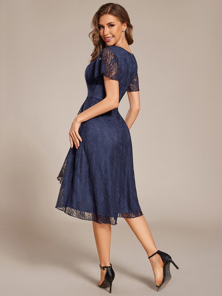 Ever-Pretty Women's V-Neck Short Sleeve Ruffled Lace Lotus Hemline Midi Wedding Guest Dress