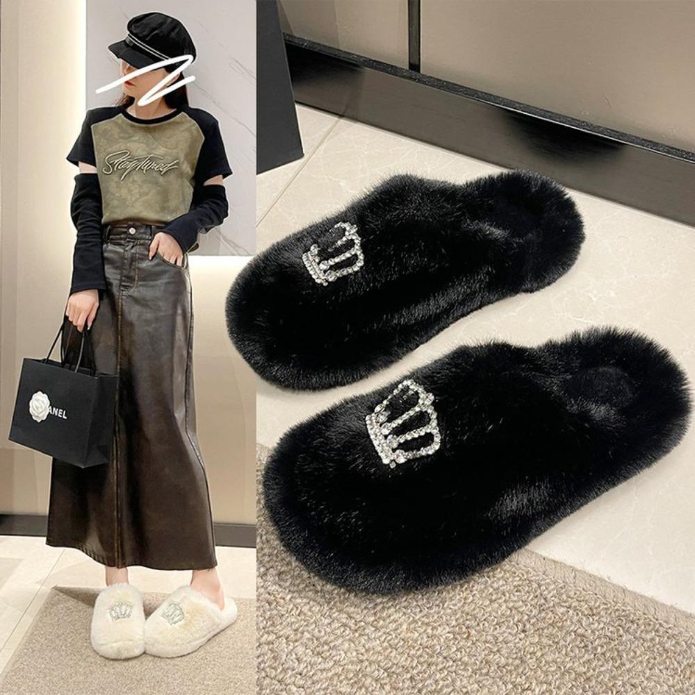 Fashion Autumn and Winter Fluffy Couple Cotton Slipper Women's Bag Cute Thick Bottom Cartoon Non-slip Interior for Family Use