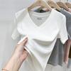 Fashion V-neck Front Shoulder T-shirt Short-sleeved Women's Slim and Thin Summer Sexy Waist Pinching Machine, Waist and Thin Tops Are Trendy