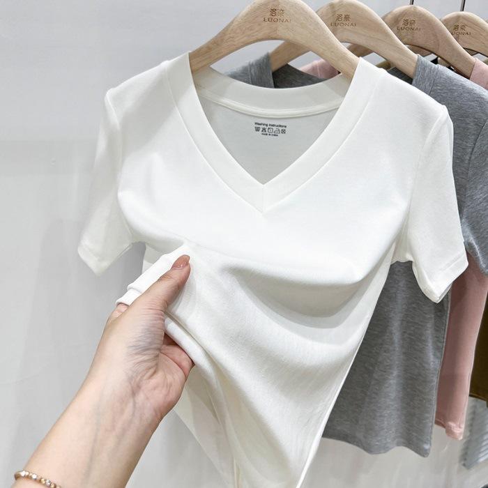 

Fashion v-neck front shoulder t-shirt short-sleeved women s slim and thin summer sexy waist pinching machine, waist and thin tops are trendy S белый