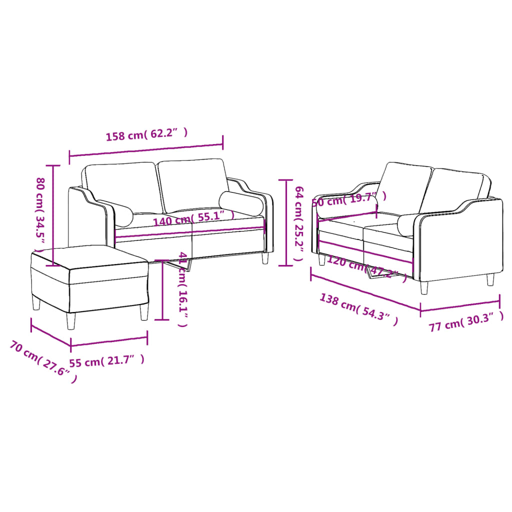 3 Piece Sofa Set with Cushions Brown Fabric