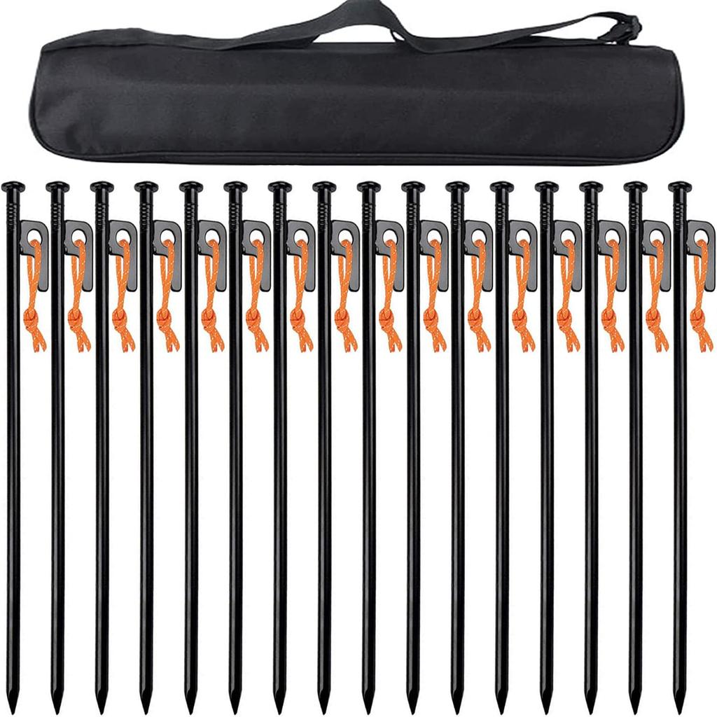 Set of 16 30cm pegs Steel Solid 10mm Setup Tools Forged Tent Pegs Outdoor Climbing Hard Soil Sand Grassland Included Storage Bag