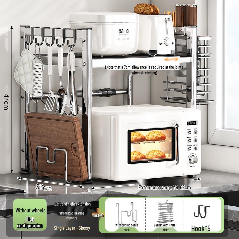 Adjustable Pull-out Microwave Oven Rack – Multi-functional Stainless Steel Shelf for Kitchen Countertop Cookware Storage