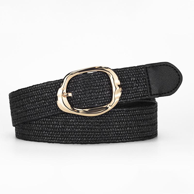 Women's Elastic Woven Straw Belt with Egg Shape Alloy Buckle - Retro Casual Design