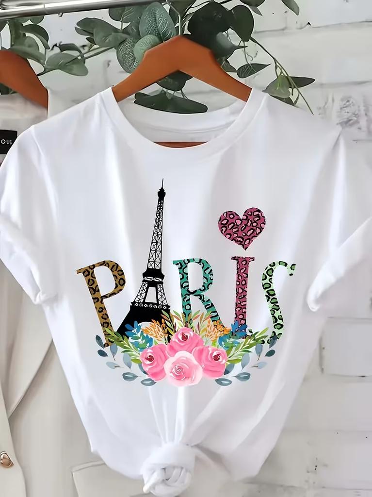 Unisexs Paris Eiffel Tower Graphic Tee Leopard Floral Letter Print Crew Neck Short Sleeve Casual Daily TShirt