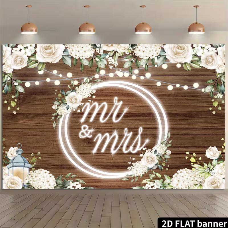 

2D Mr & Mrs Wedding Banner, Rustic Wood White Floral Backdrop for Engagement & Wedding Party 47.2x31.5inch/120*80cm