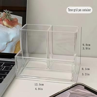 Table Pen Holder, Transparent Acrylic Pen Holder with 3 Compartments, Pencil Storage Box, Suitable for Home, Office